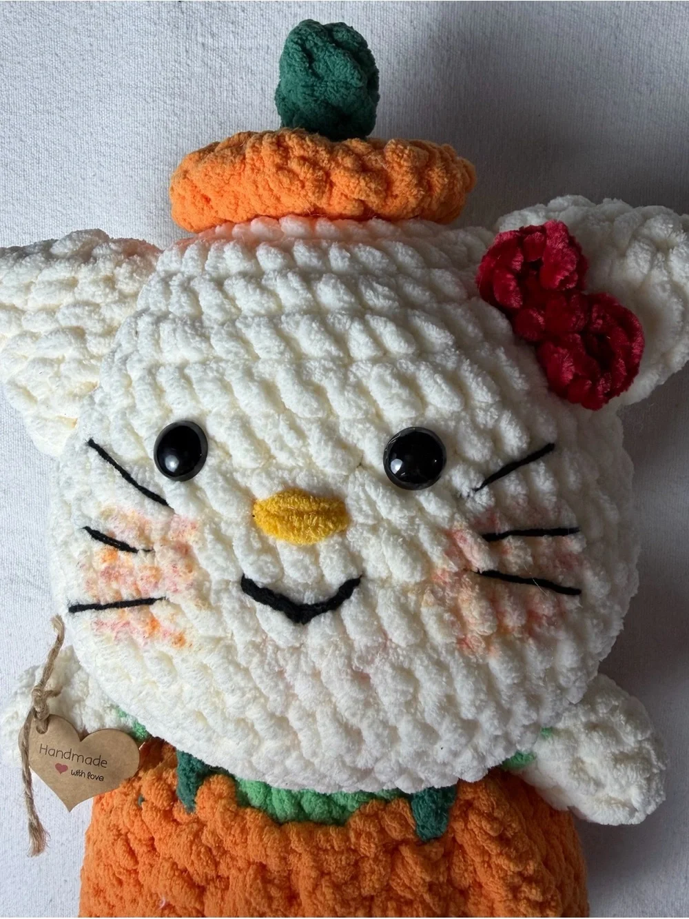 Handmade White & Orange Plush Hello kitty in Pumpkin Outfit - Cute Fall Pet Toy